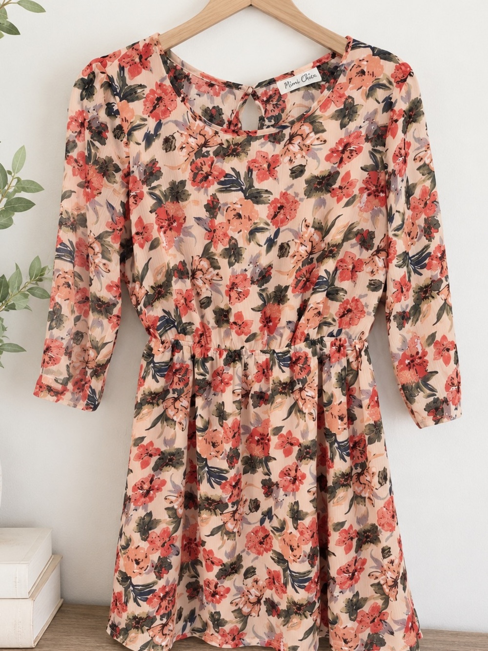 Mimi chica Floral Peach Pink Long-Sleeve Dress NWT a